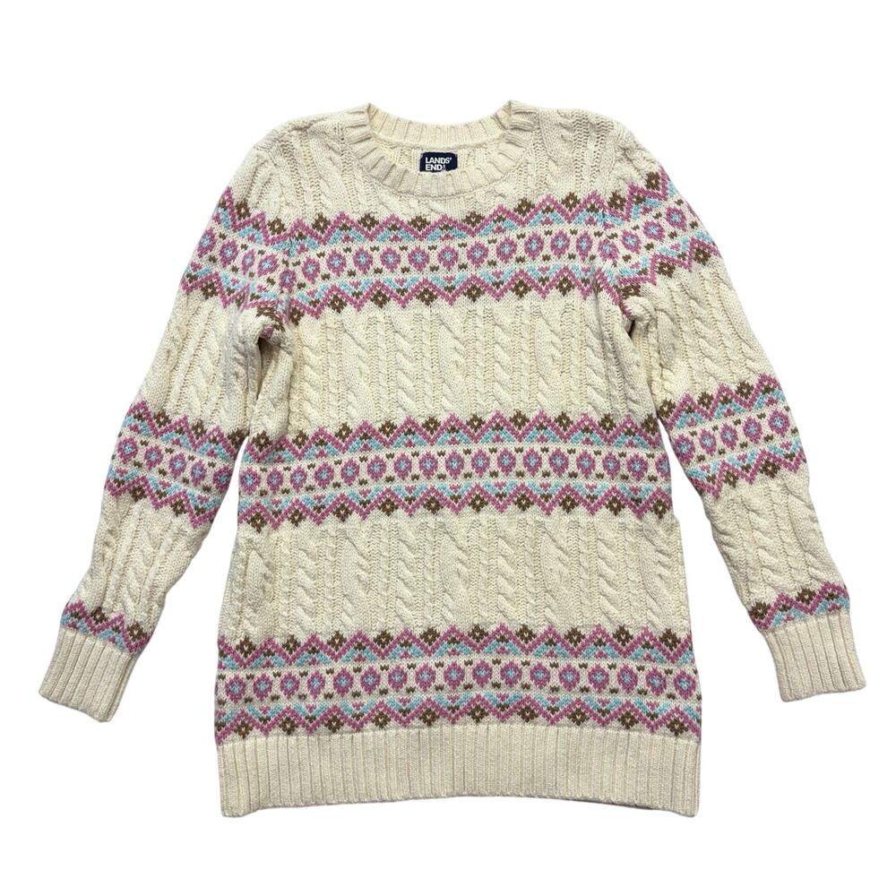 Lands’ End Sweater Fair Isle Cable Knit Cream Pink Blue Nordic Preppy Women’s S